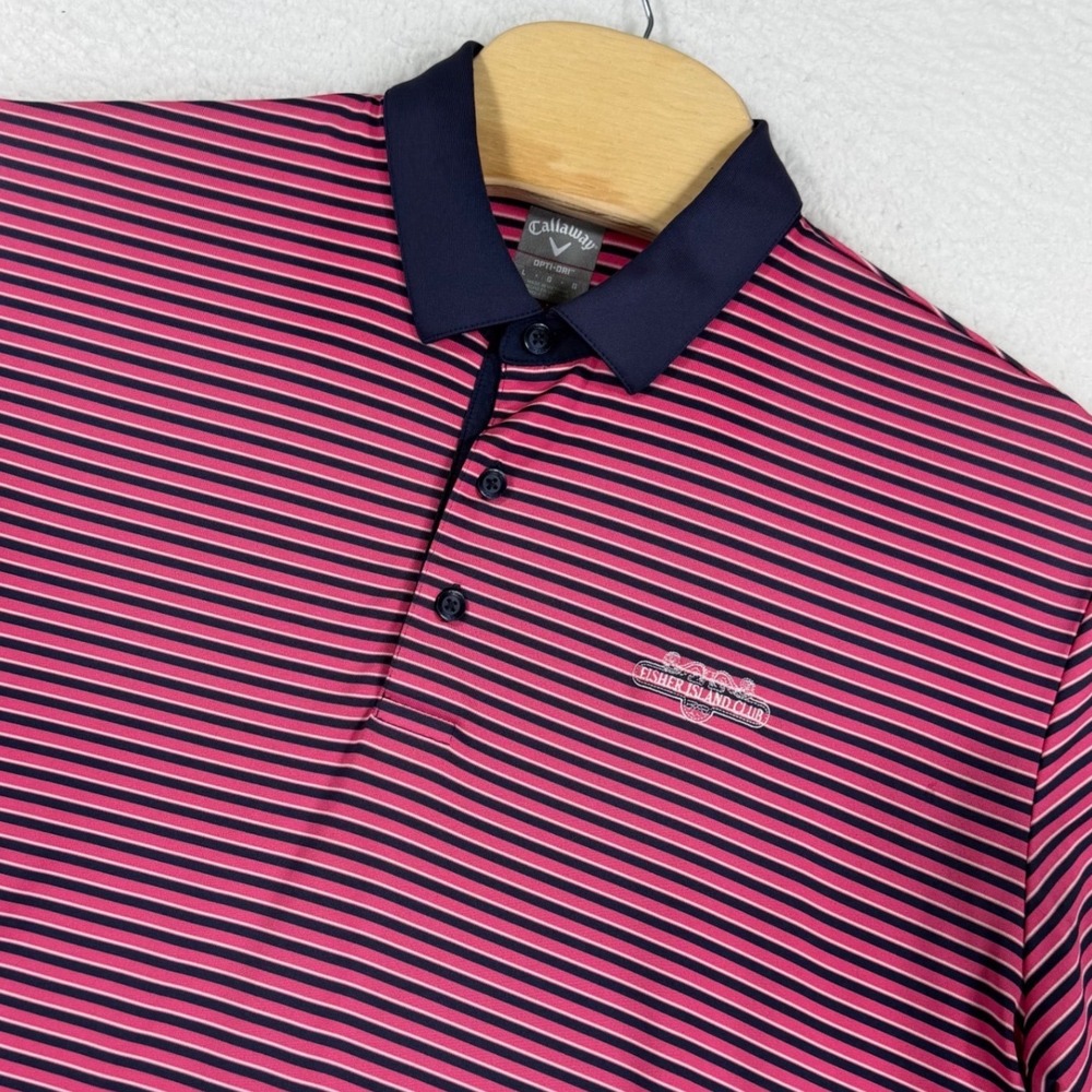 Callaway Polo Shirt Mens L Pink Navy Striped Fisher Island Club‎ Opti-Dri Golf